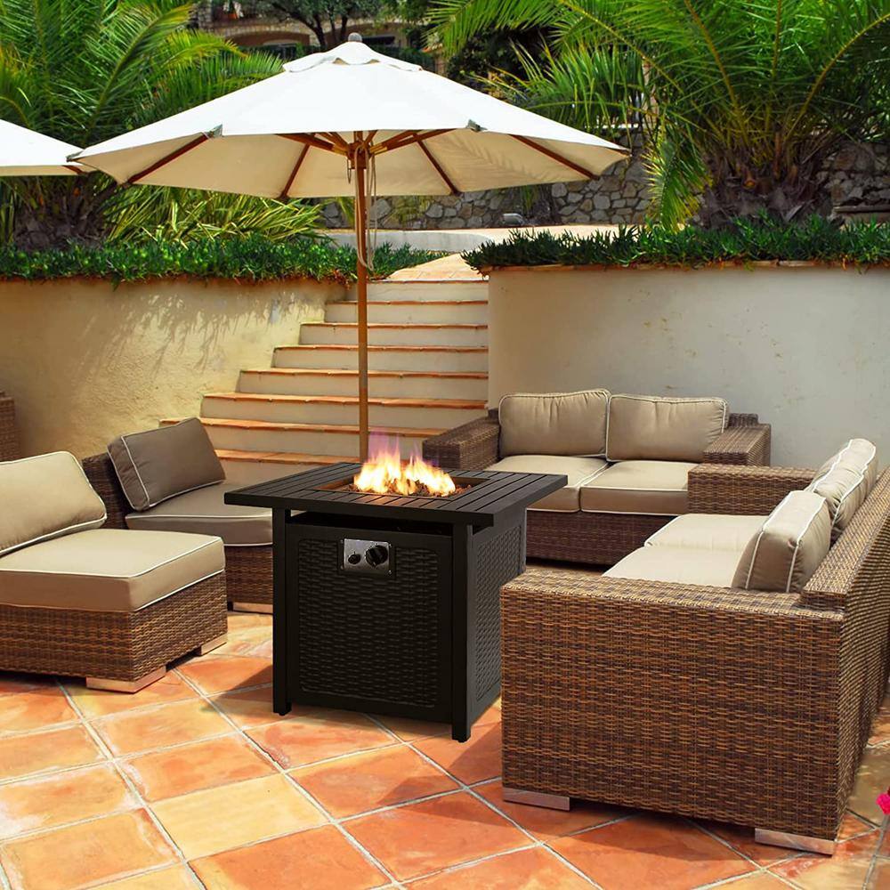 Oakville Furniture 28 in. Outdoor Square Black Rattan Style Powder Coated Steel Gas Propane Fire Pit Table WLava Rock OVF-SLFPT28