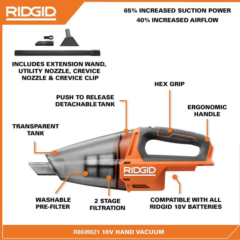 RIDGID 18V Cordless Hand Vacuum Kit with 2.0 Ah Battery and Charger R8609021KN