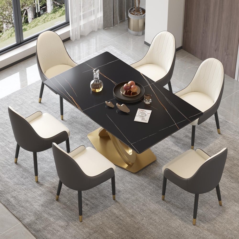 Modern Marble Dining Table with Gold Geometric Base