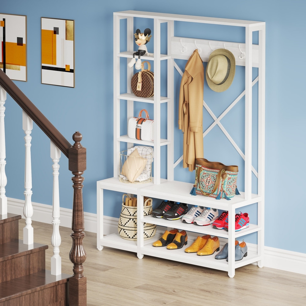 Entryway Hall Tree Coat Rack with Shoe Bench and Side Storage Shelves