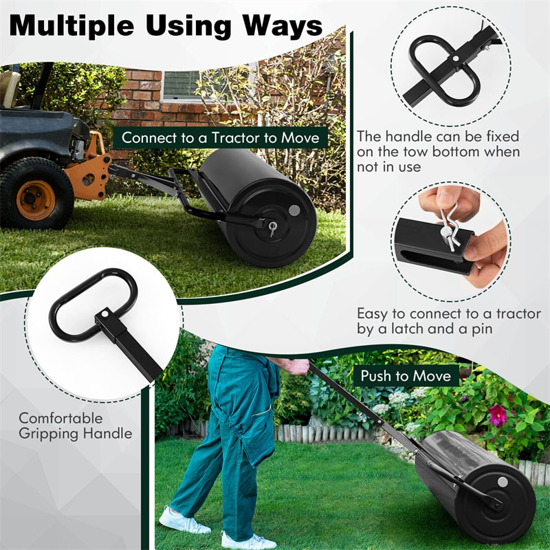 Push/Tow-Behind Lawn Roller with Detachable Handle 30 Gallon Water/Sand-Filled Sod Drum Roller for Garden Yard Park Farm