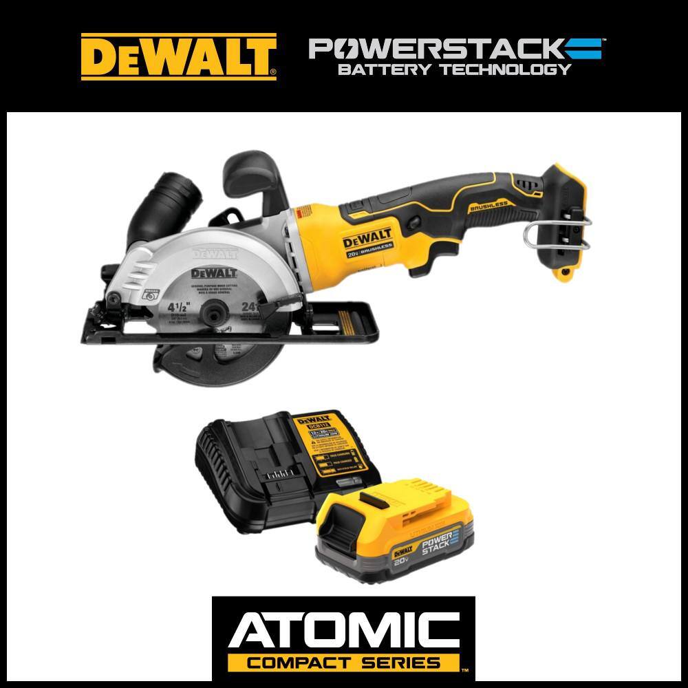 DW ATOMIC 20V MAX Cordless Brushless 4-12 in. Circular Saw and 20V MAX POWERSTACK Compact Battery Starter Kit DCS571BWP034C