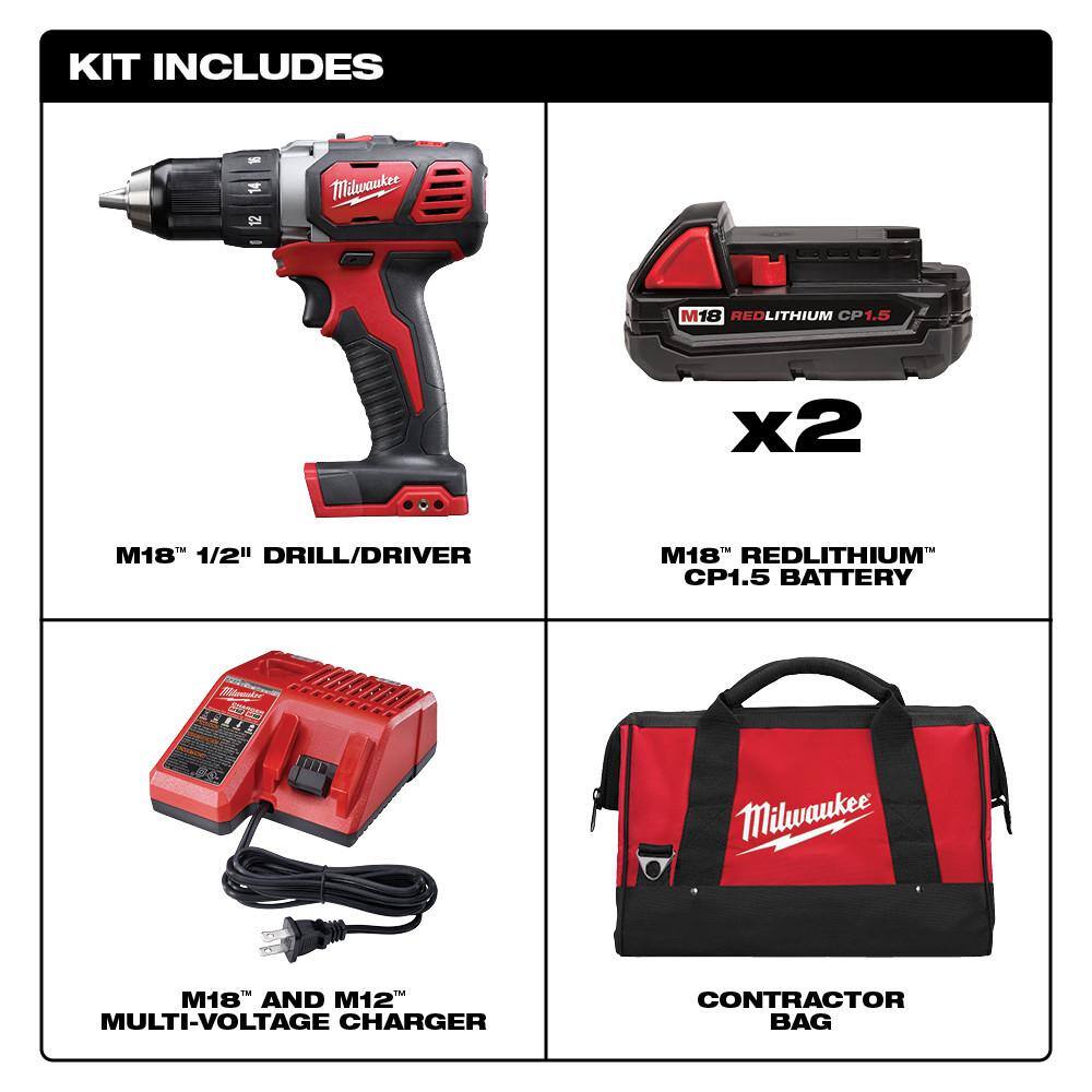 MW M18 18V Lithium-Ion Cordless 12 in. Drill Driver Kit w(2) 1.5Ah Batteries Charger Soft Case 2606-22CT