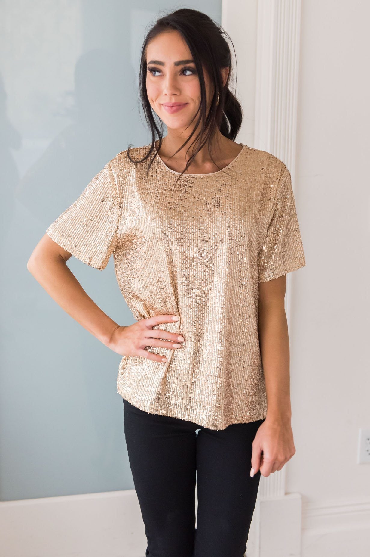 Love Actually Modest Sequin Blouse