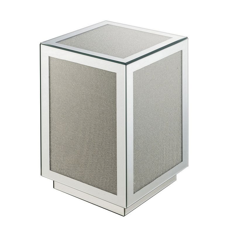 Mirrored Accent Table with Faux Diamond Inlay and Glass Top， Silver