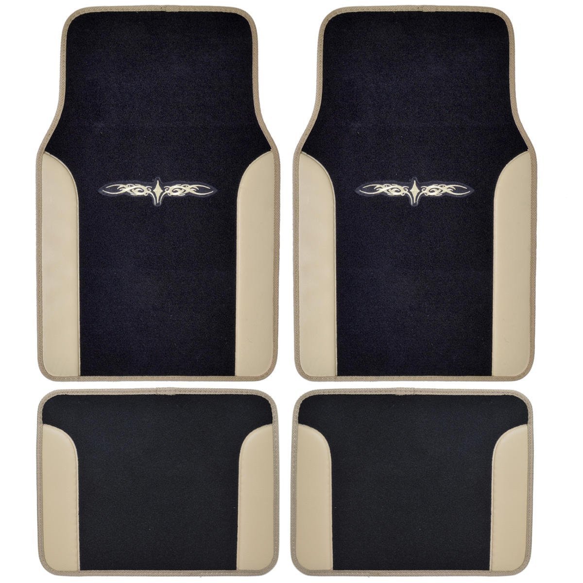 12 Pieces Flat Cloth Sleek Design Black and Tan Front and Rear Car Seat Covers Set with 4 Vinyl Trim Black and Tan Color Carpet Floor Mats Complete Set - Shipping Included