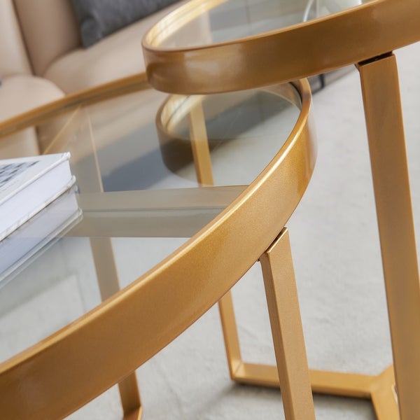 Modern coffee table，Golden metal frame with round tempered glass tabletop