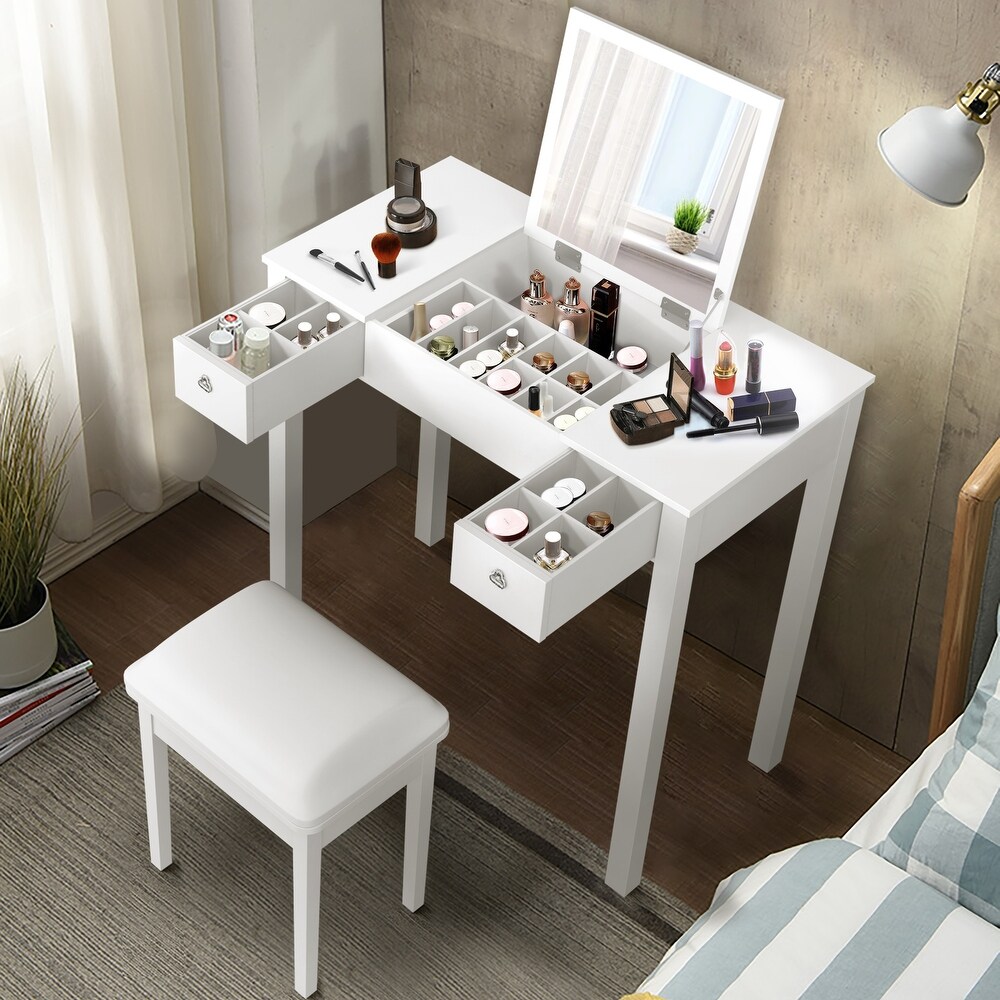 Accent Vanity Table Set with Flip Top Mirror  2 Small Drawers and Stool  Bedroom Storage Compartment Makeup Vanity