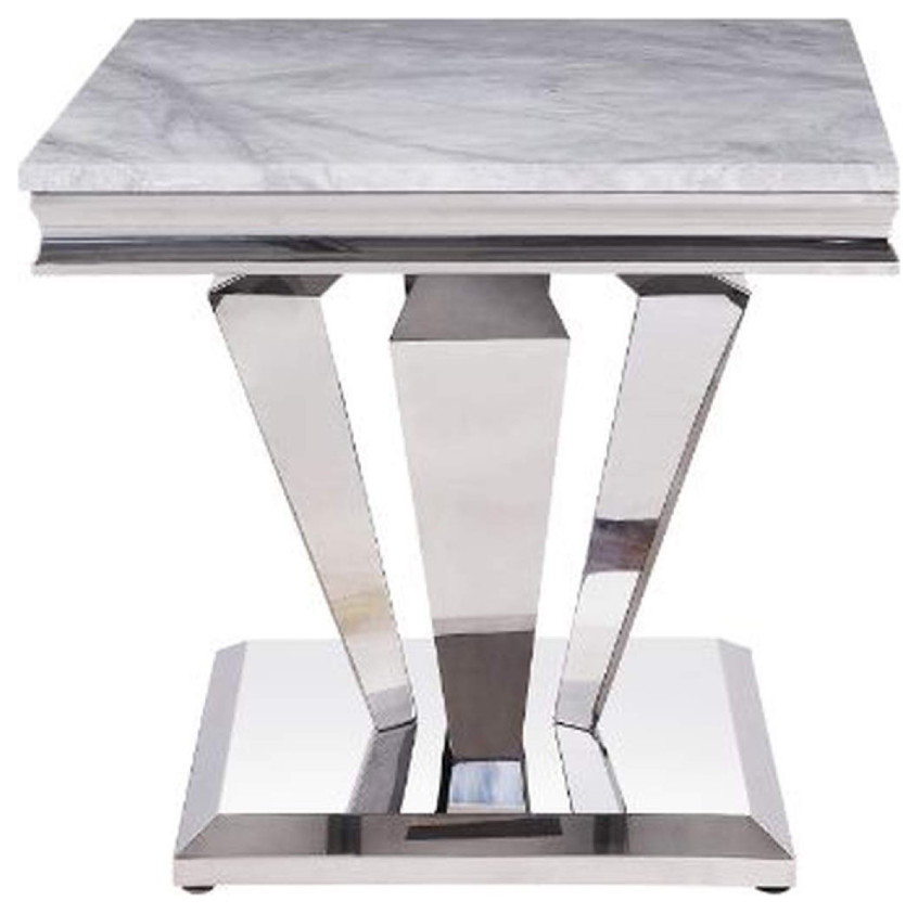 End Table With Faux Marble Top And Metal Base  White And Silver   Contemporary   Side Tables And End Tables   by VirVentures  Houzz