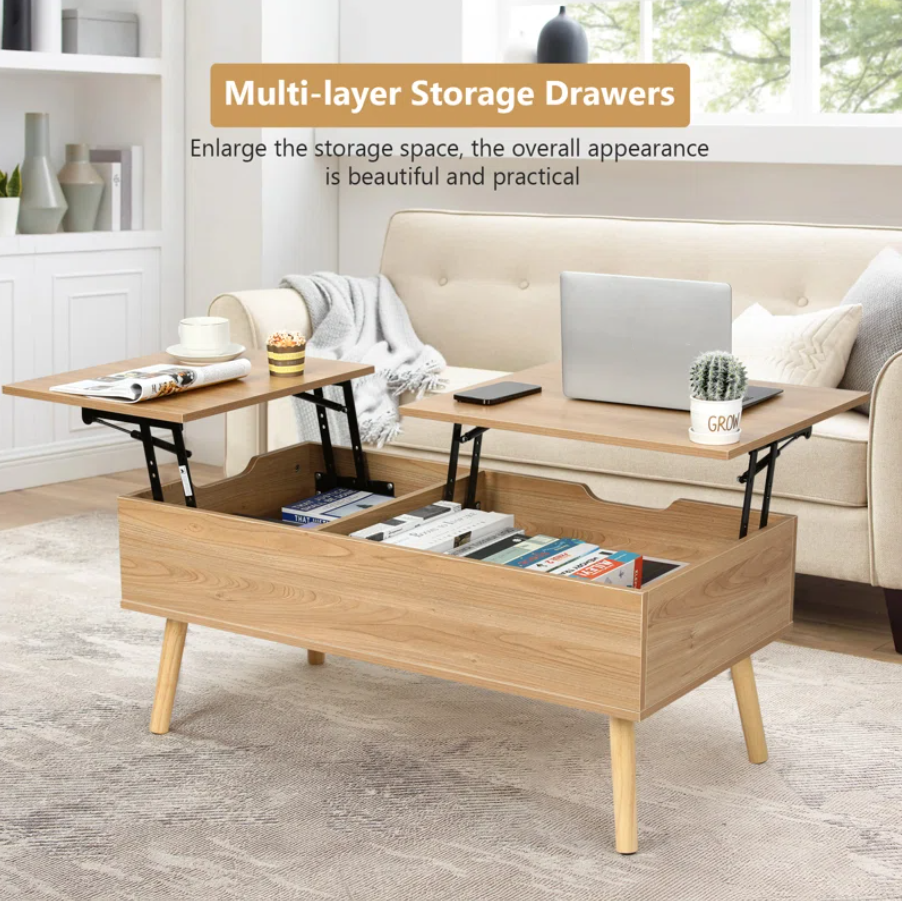 Lift Top Coffee Table with Storage, Double Lift Top Rectangular Storage Coffee Table