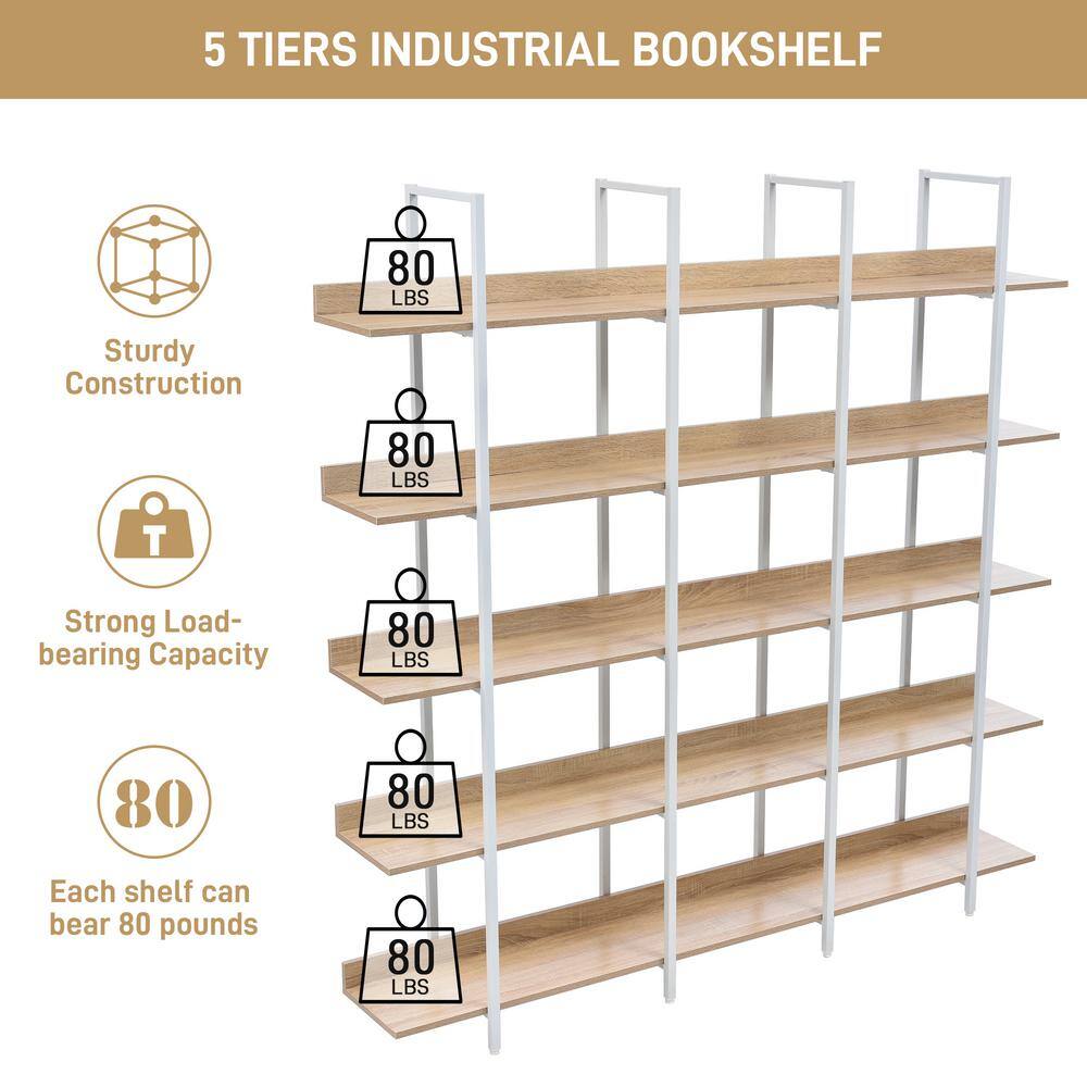 Harper  Bright Designs 70.90 in. H x 70.90 in. W White and Oak 5-Tier Vintage Industrial Style Bookcase with Adjustable Foot Pads FSX014AAC