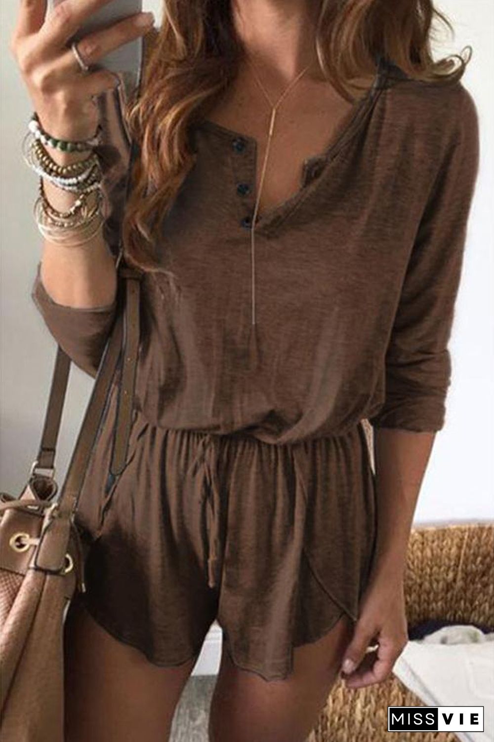 Solid Color Long Sleeve Tie Waist Romper P15011