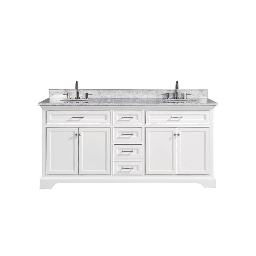 Home Decorators Collection Windlowe 73 in. W x 22 in. D x 35 in. H Freestanding Bath Vanity in White with Carrara White Marble Marble Top 15101-VS73C-WT