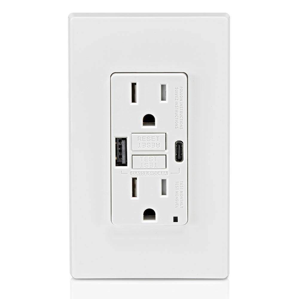 Leviton 15 Amp SmartlockPro Self-Test GFCI Combination 24-Watt (4.8 Amp) Type AC USB In-Wall Charger Duplex Outlet White R02-GUAC1-0BW