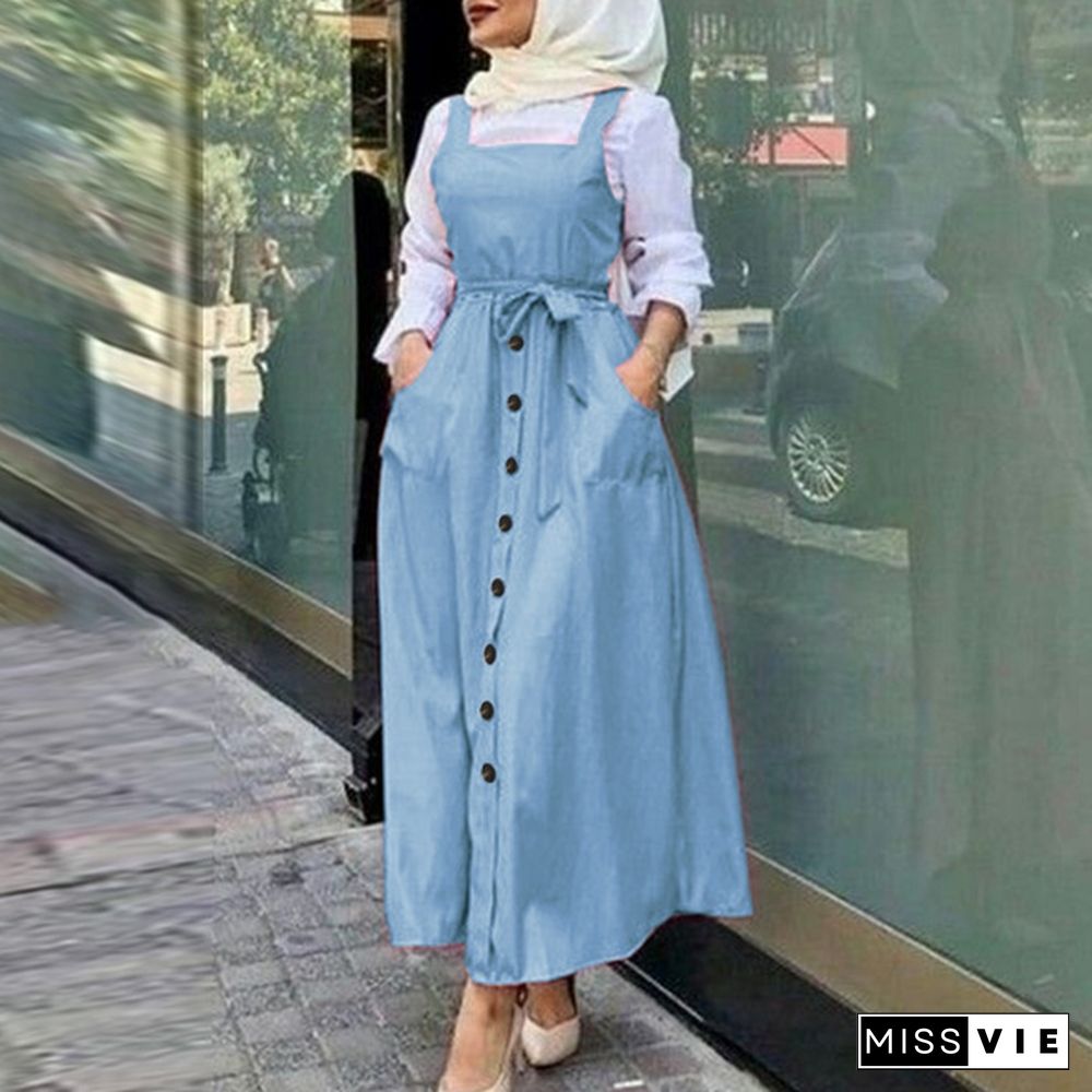 Autumn Women Muslim Abaya Oversized Dress Plain Casual Pinafores Mid-Calf Sundress Plus Size