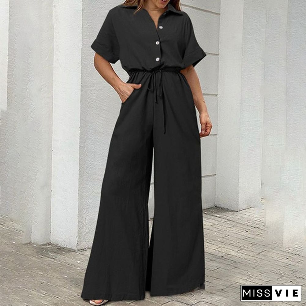 Black Short Sleeve Plain Jumpsuit