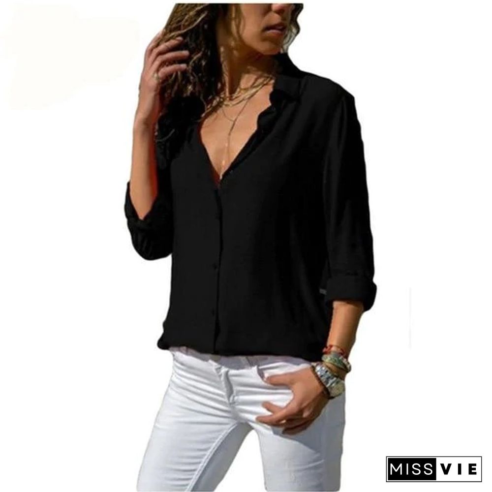 Women Elegant Long Sleeve Solid V-Neck Chiffon Tops Blouse Plus Size