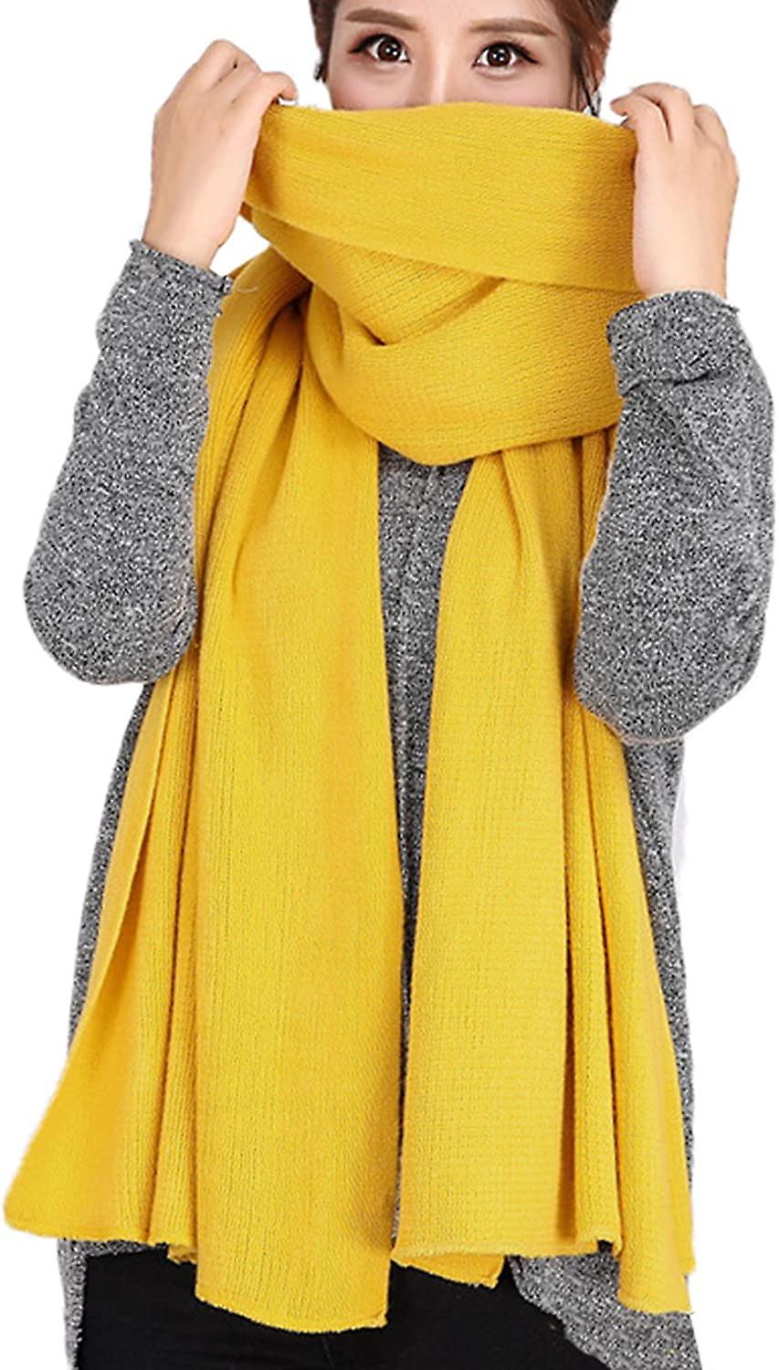 Women's Warm Long Shawl Winter Warm Large Scarf Pure Color Yellow1 -