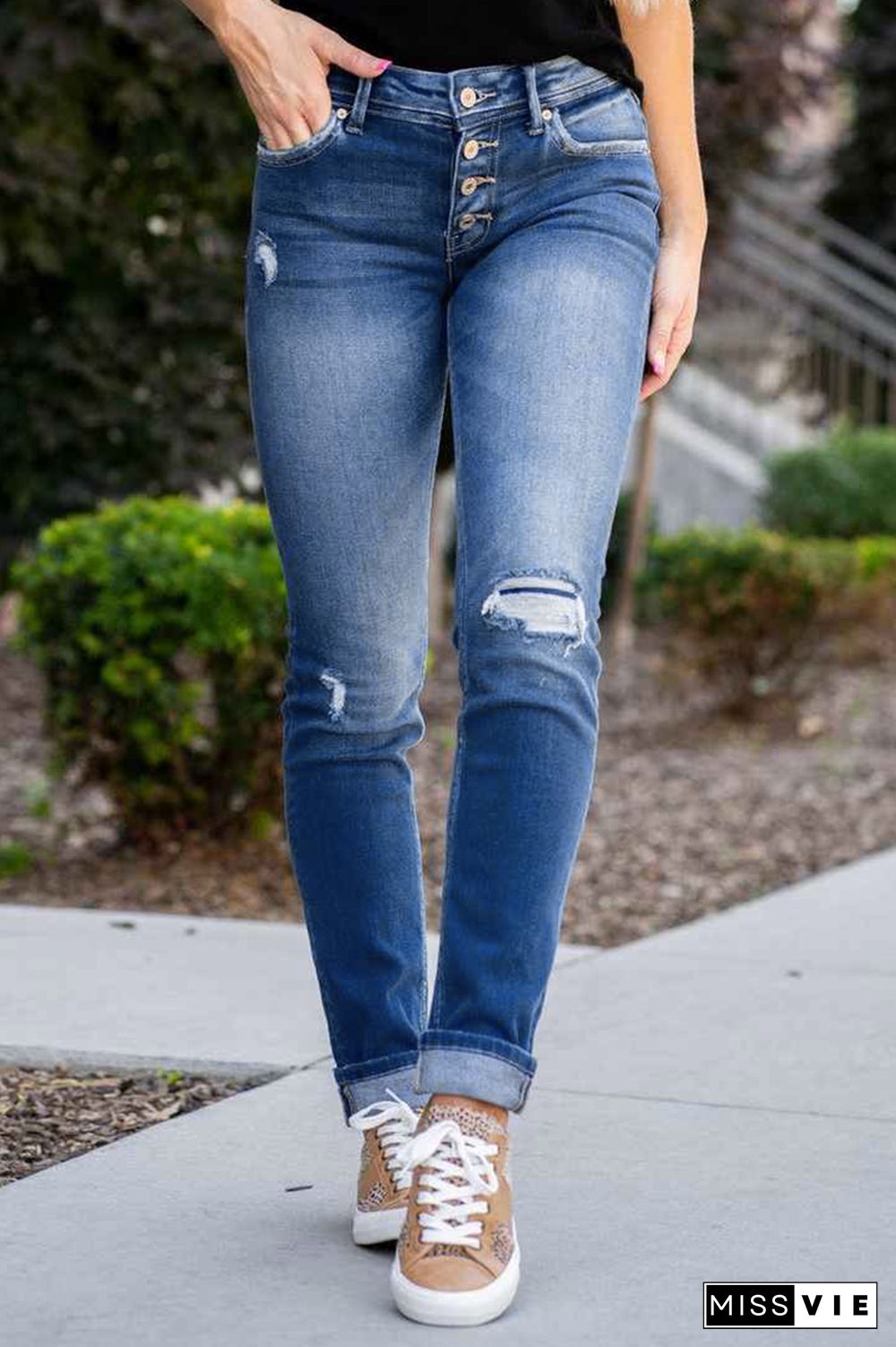 Mid Waist Button Skinny Leg Jeans