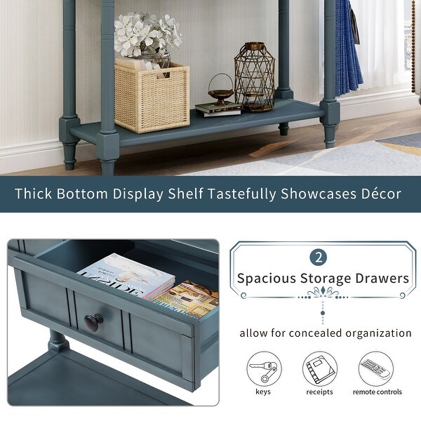 Daisy Series Sideboard Cabinet Console Table Traditional Carved Design with 2 Drawers and Bottom Shelf， Navy