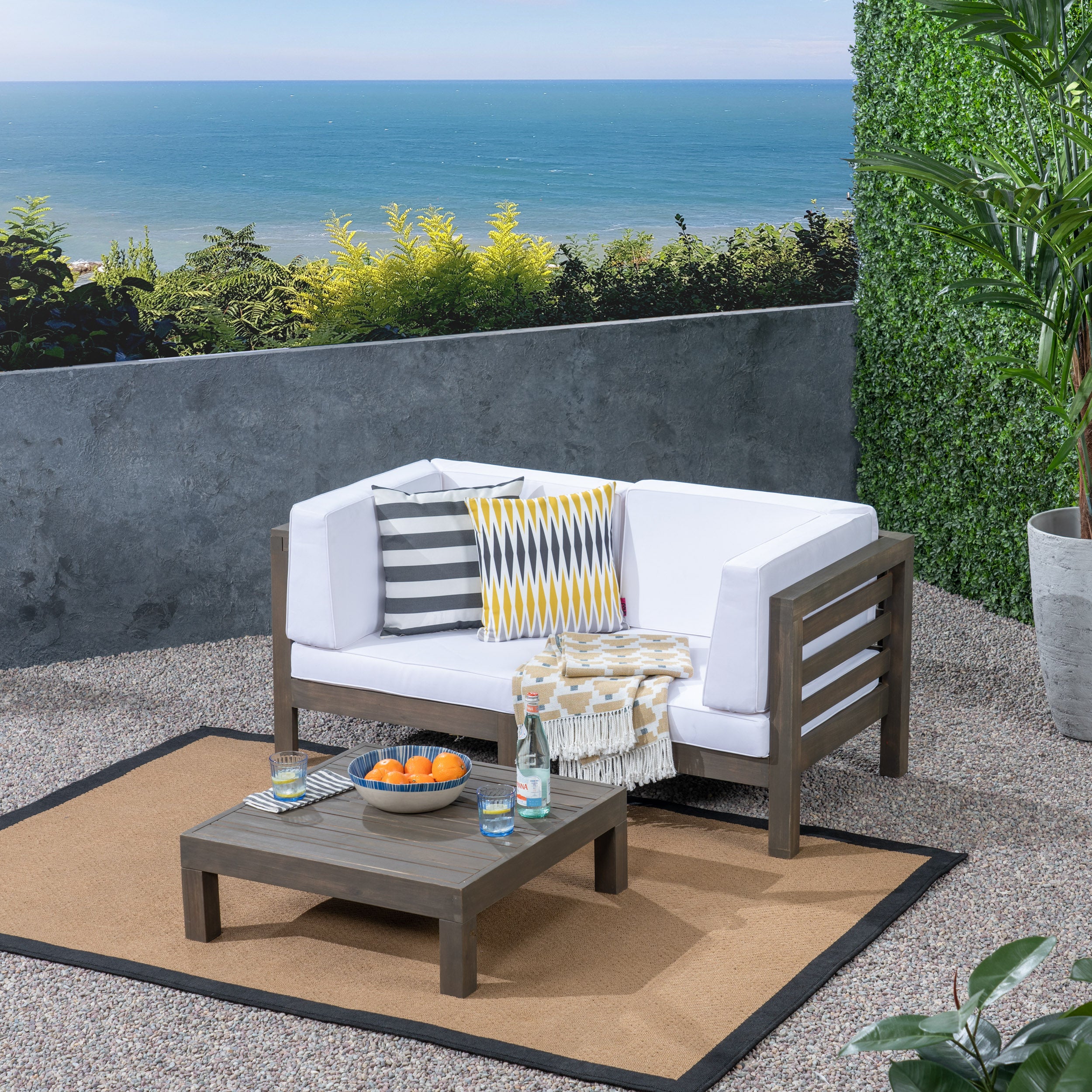 Dawson Outdoor Sectional Loveseat Set with Coffee Table - 3-Piece 2-Seater - Acacia Wood - Outdoor Cushions