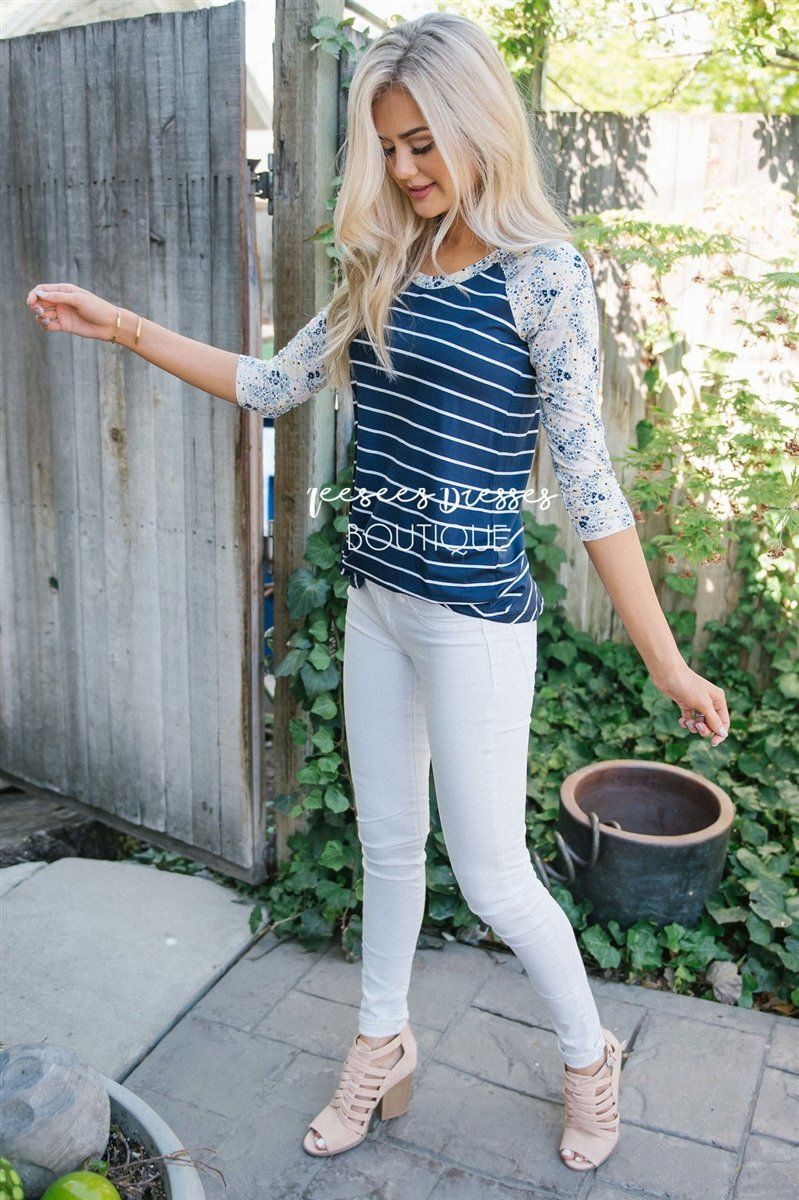 Navy Striped Floral Baseball Sleeve Tee