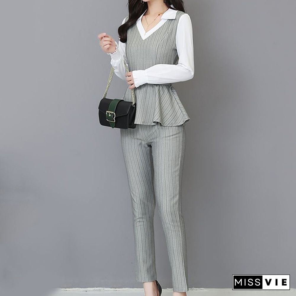 Grey Black Office Striped Two Piece Sets Outfits Women Plus Size Fake Two Pieces Shirts And Pants Suits Elegant Korean Sets