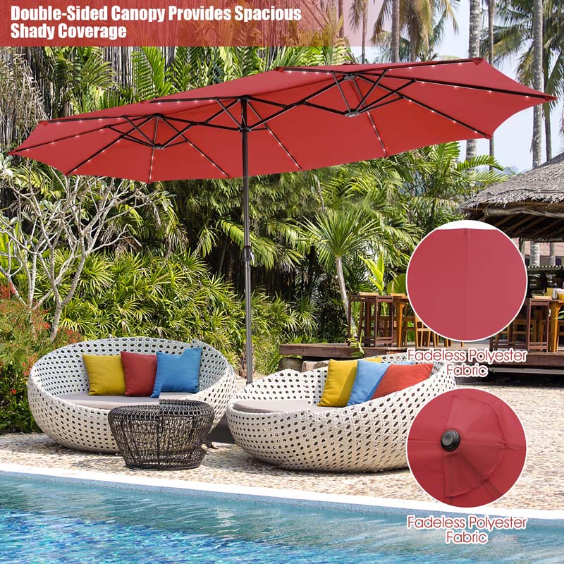 15 FT Double-Sided Patio Umbrella with 48 Solar Lights, Extra-Large Outdoor Twin Market Umbrella with Base