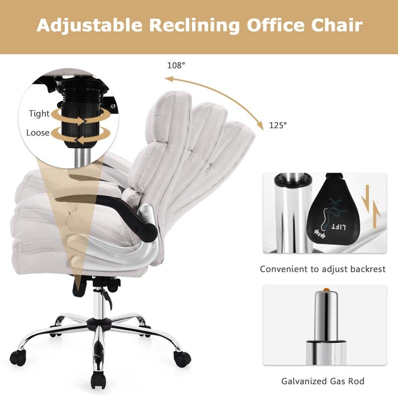 Linen Fabric Thick Padding Big & Tall Executive Office Chair with Flip-up Armrest, Swivel High Back Computer Desk Chair