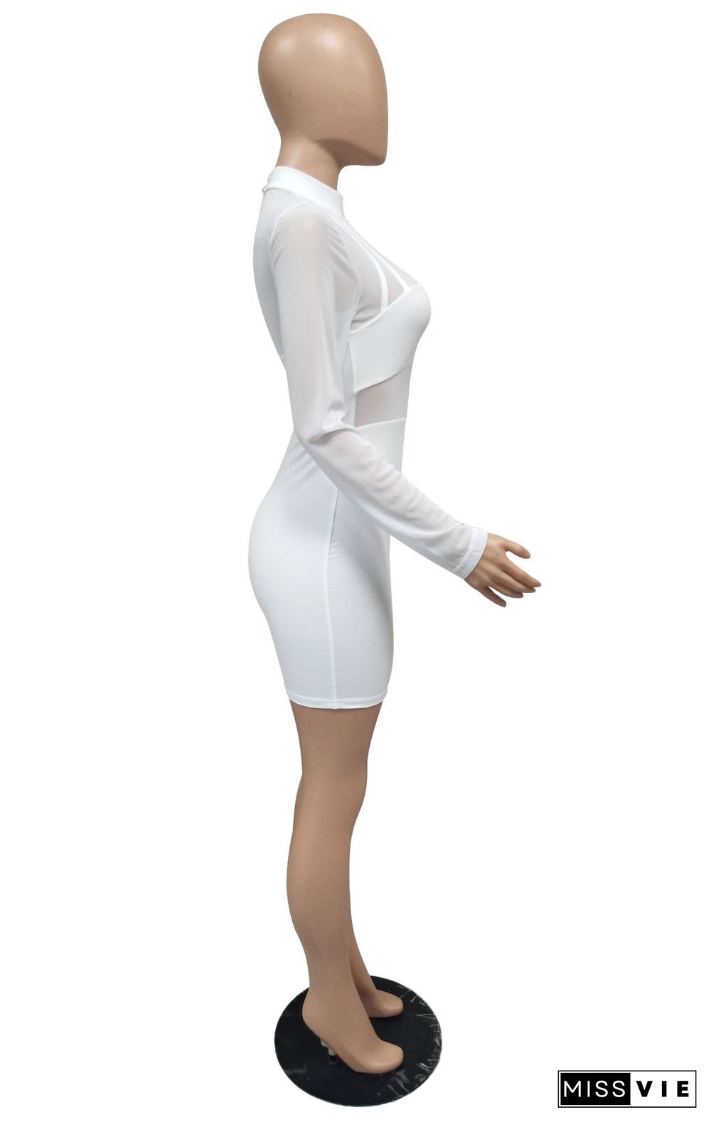 Elegant Mesh Gauze Stitching Long Sleeve Bag Hip Bodycon Dress