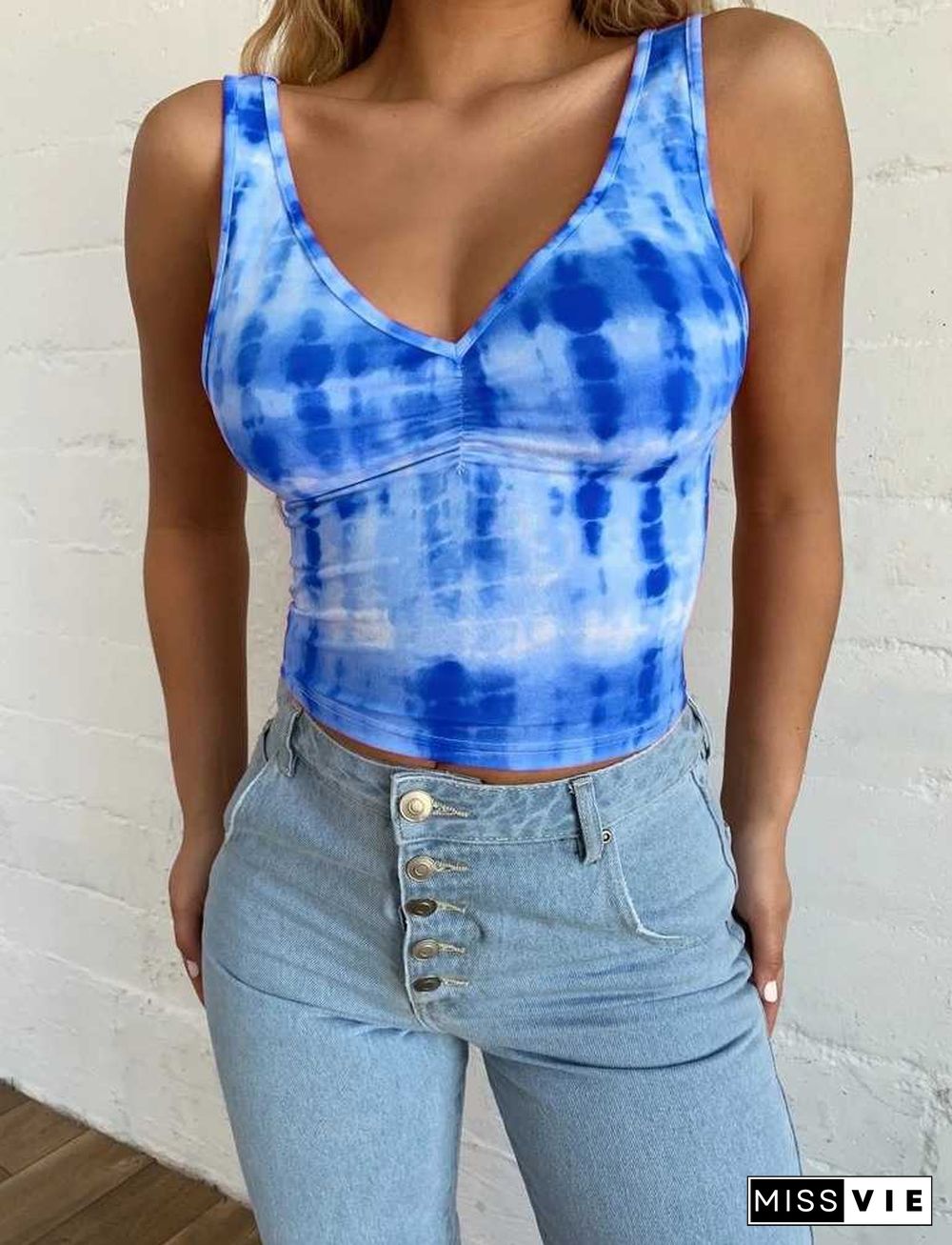 Gradient Pastel Tie Dye V Neck Shirred Tank Tops Summer