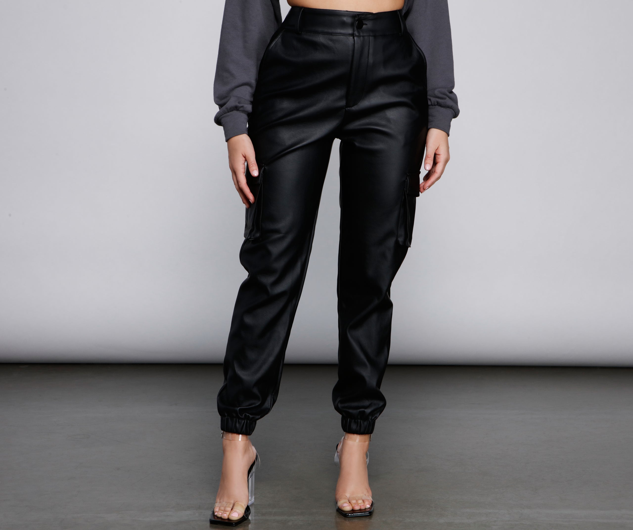 High Waist Faux Leather Cargo Pants