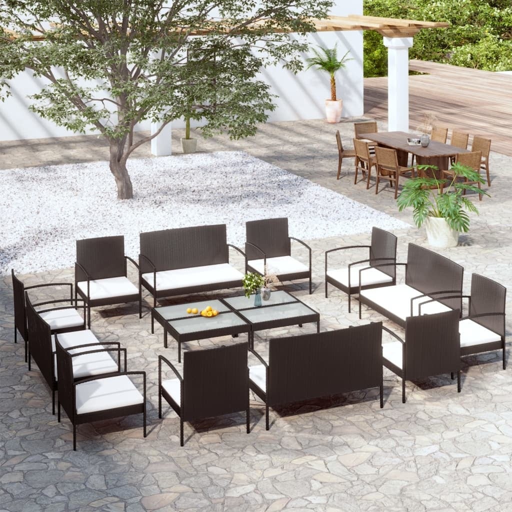 16 Piece Patio Lounge Set with Cushions Poly Rattan Black