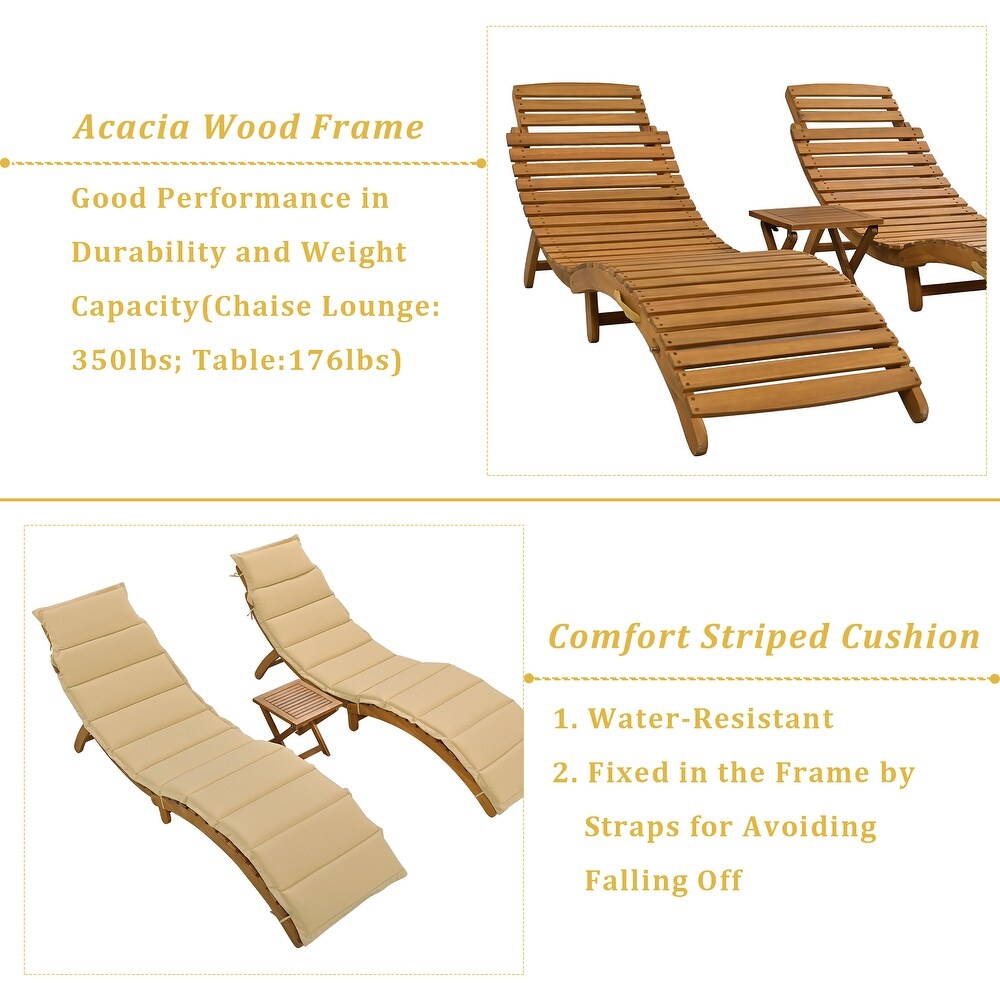 Poolside 3 Piece Wood Portable Extended Chaise Lounge Set with Foldable Tea Table