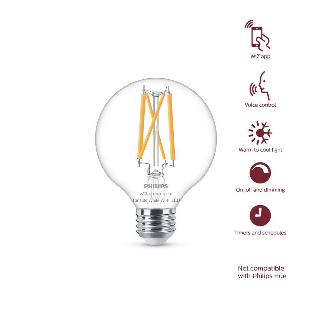 Philips 60-Watt Equivalent G25 Smart Wi-Fi LED Vintage Edison Tuneable White Light Bulb Powered by WiZ with Bluetooth (1-Pack) 567214