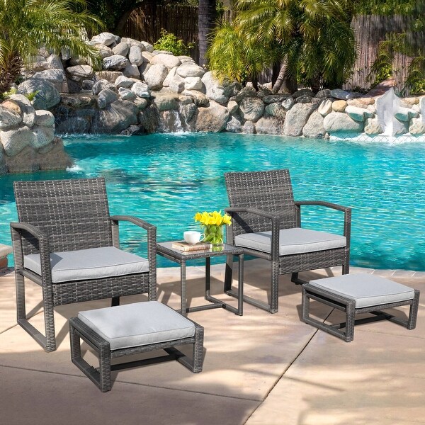 5Piece Patio Wicker Chat Set with Armchairs，Ottomans and Side Table