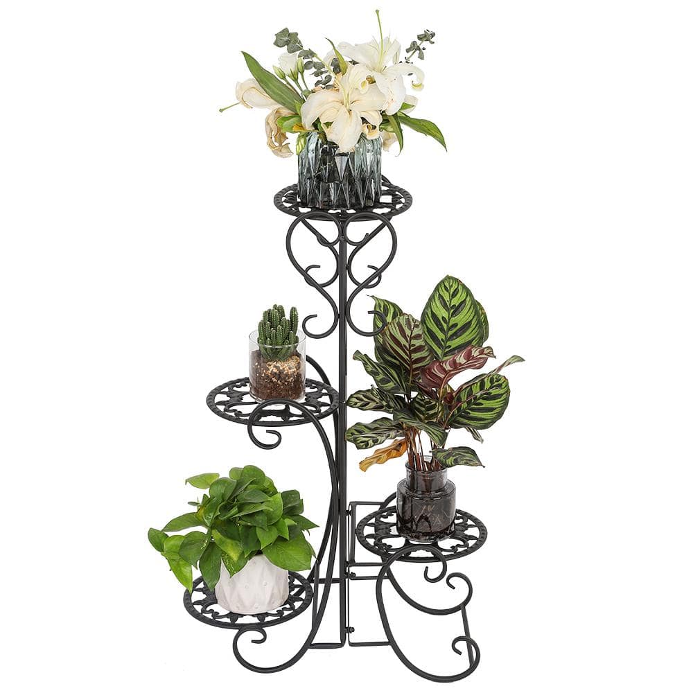 Karl home 32.28 in. Tall IndoorOutdoor Black Metal Plant Stand (4-Tiered) 302109922222