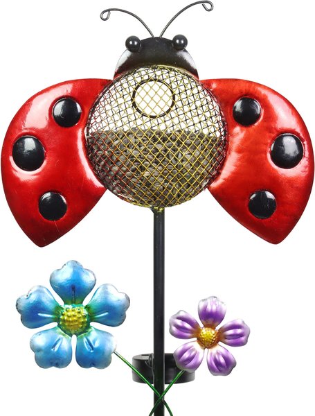 Exhart Solar Hand Painted Ladybug Metal Mesh Pellet Bird Feeder Garden Stake