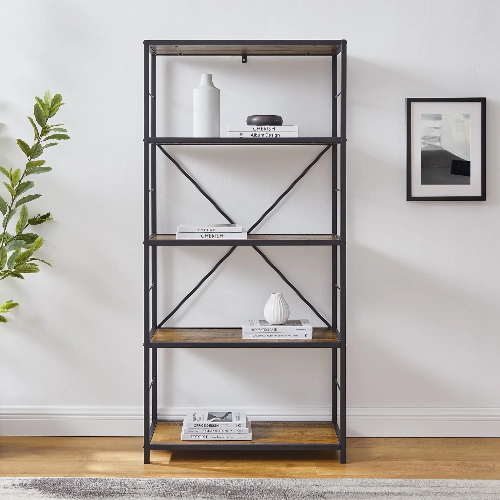 63 Inch Rustic Industrial Oak Bookcase - Walker Edison