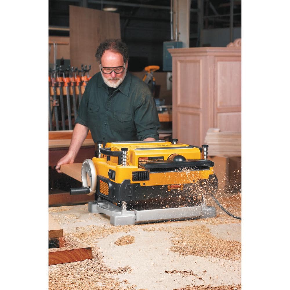 DEWALT 15 Amp 13 in. Corded Heavy-Duty Thickness Planer, (3) Knives, In/Out Feed Tables, and Mobile Thickness Planer Stand DW735XW7350