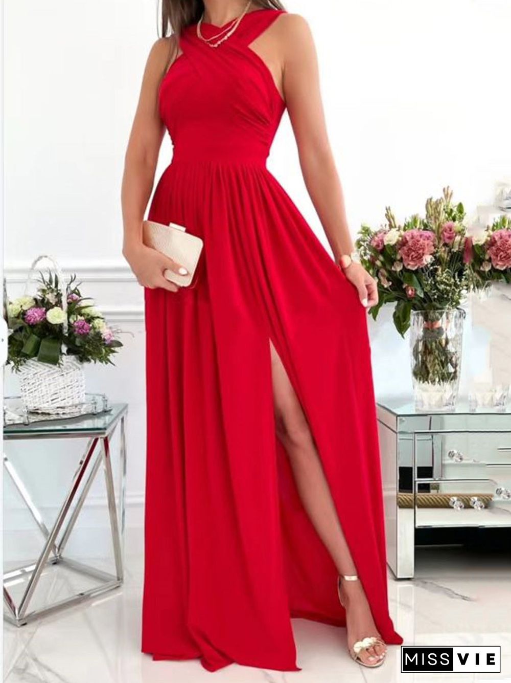 Women'S Dresses Halterneck Open Back Sleeveless Slit Dress