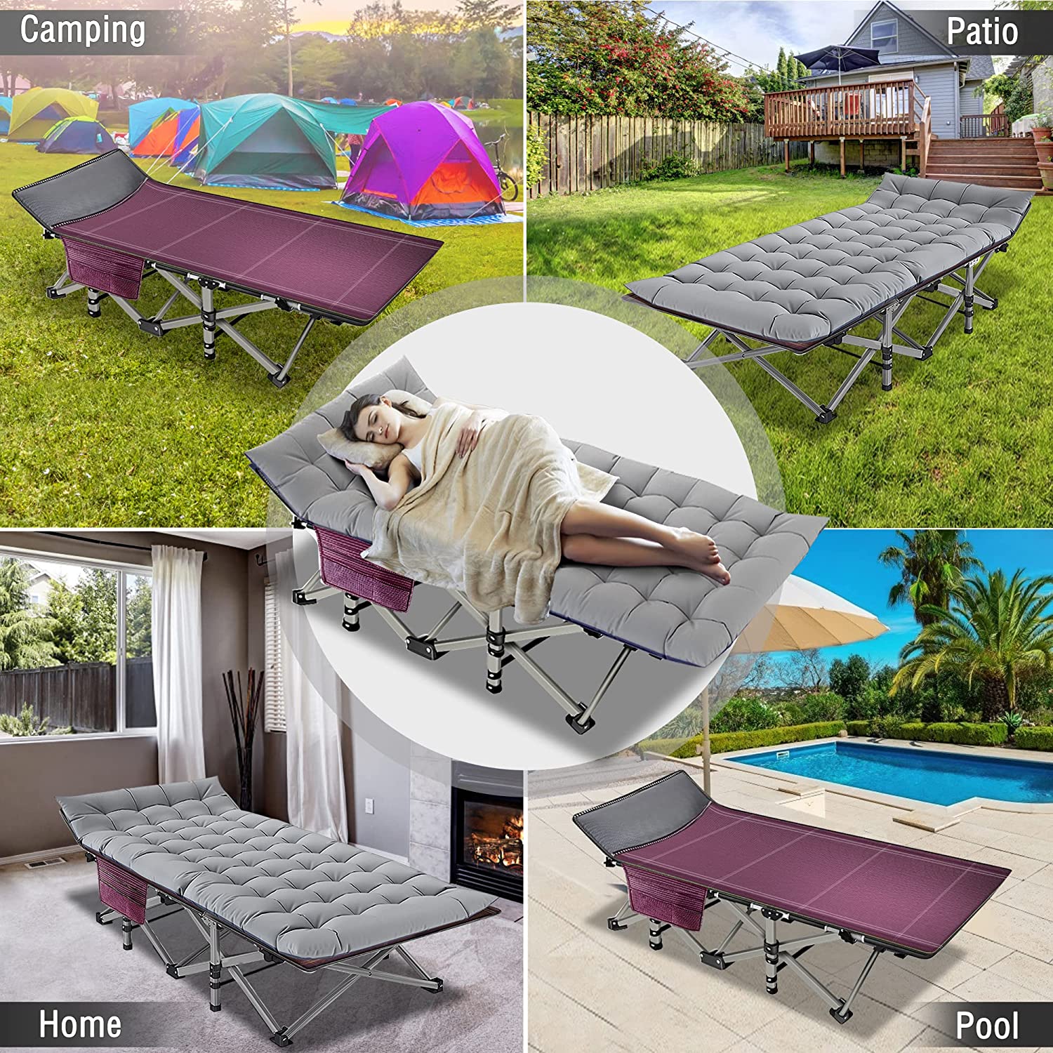 Docred Cot, Folding Cot Camping Cot for Adults Portable Folding Outdoor Cot with Carry Bags &2-sided cushion for Outdoor Travel Camp Beach Vacation