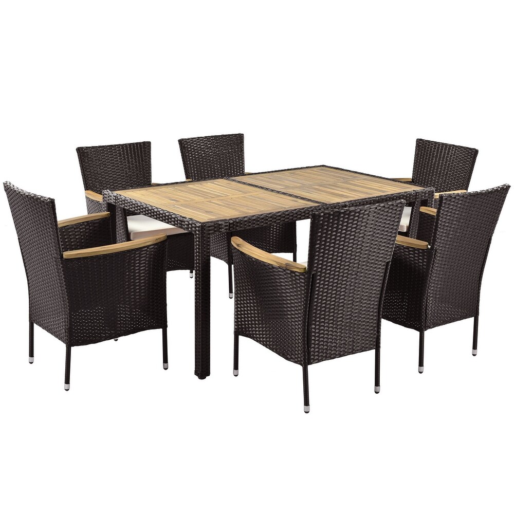 7 Piece Dining Sets and PE Rattan Steel Frame Armchair with Cushions  Patio Wicker Acacia Wood Dining Table  Black/ Natural