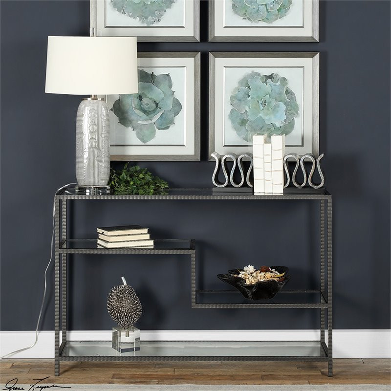 Bowery Hill Modern Glass Accent Console Table in Aged Gunmetal   Industrial   Console Tables   by Homesquare  Houzz