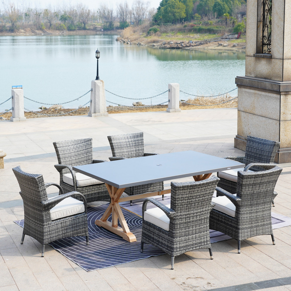 7 Piece Patio Wicker Dining Set With Powder Coated Aluminum Table   Tropical   Outdoor Dining Sets   by Abrihome  Houzz