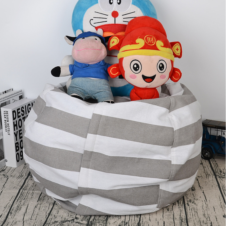 LNKOO 24 Stuffed Animal Kid Bean Bag Chair,Stripe Cotton Premium Canvas Toy Organizer Storage Solution for Plush Toys,Towels & Clothes-Gray