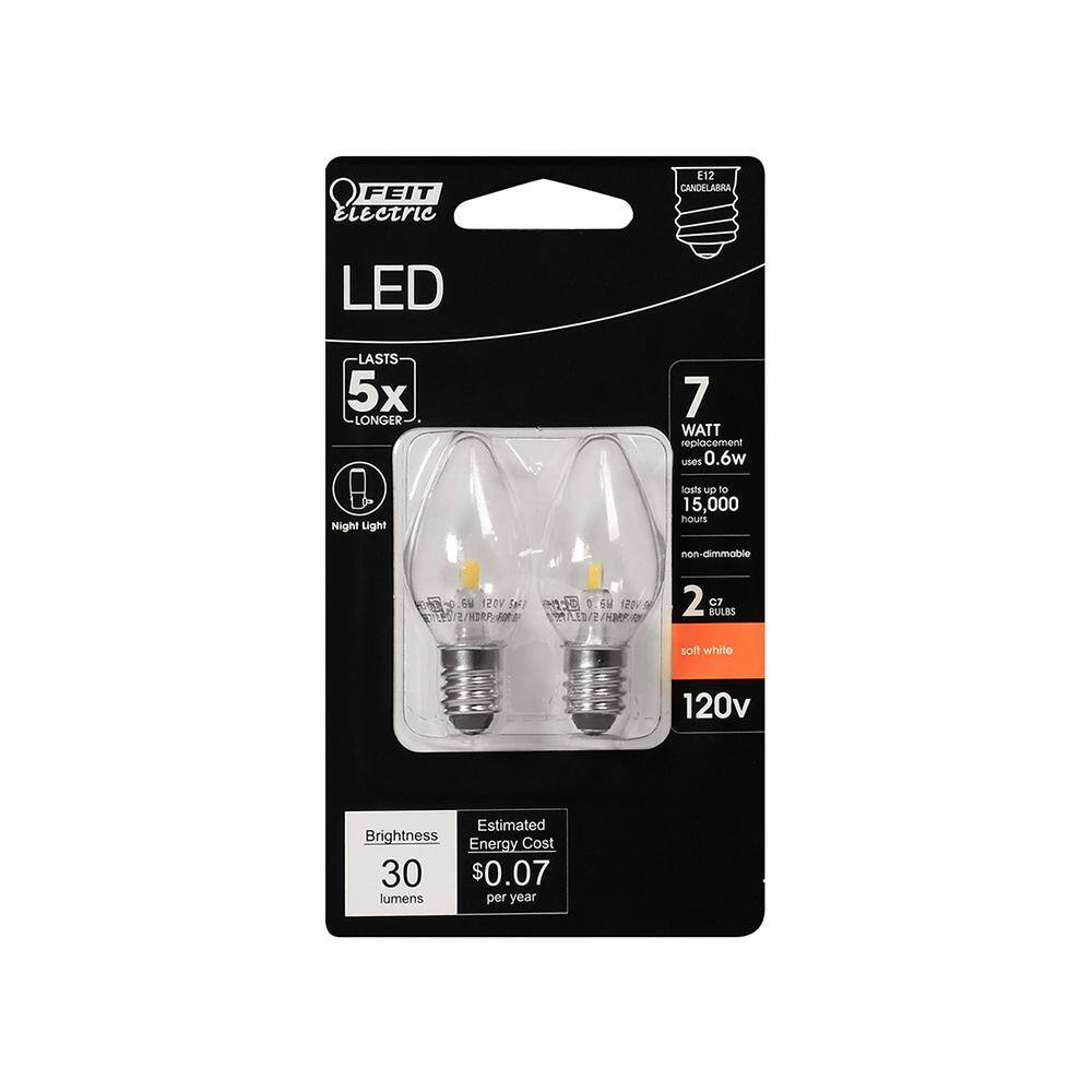 Feit Electric 7-Watt Equivalent C7 2700K Clear LED E12 Night Light Bulb (2-Pack) BP7C7827LED2HDRP