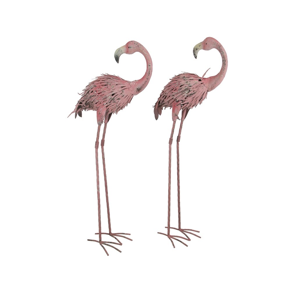 Pair Of 34 Inch Tall Decorative Metal Pink Flamingo Yard Statues   34 X 13 X 8 inches