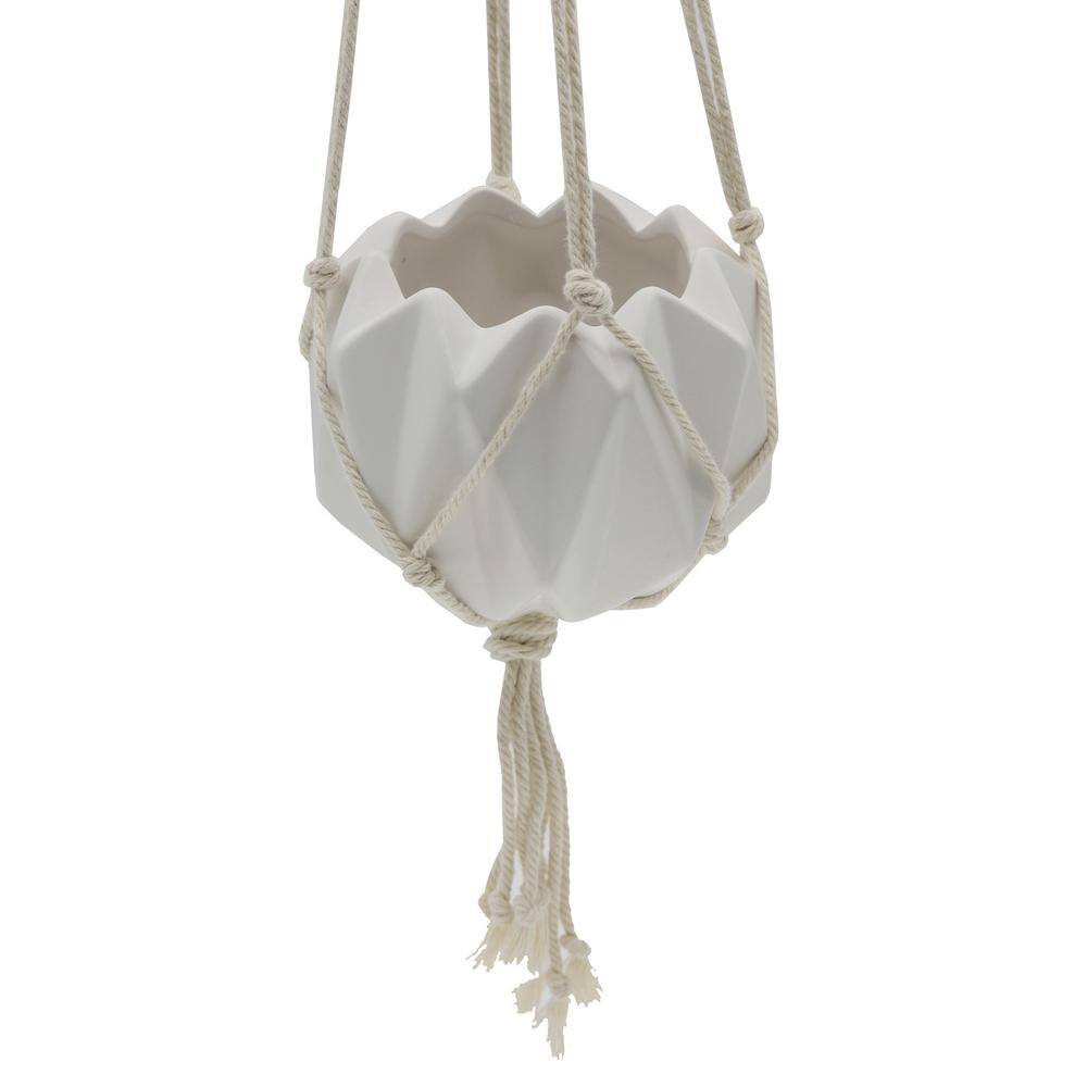 Flora Bunda 5 in. Matte White Ceramic Macrame Hanging Planter EM1882E-MTWH