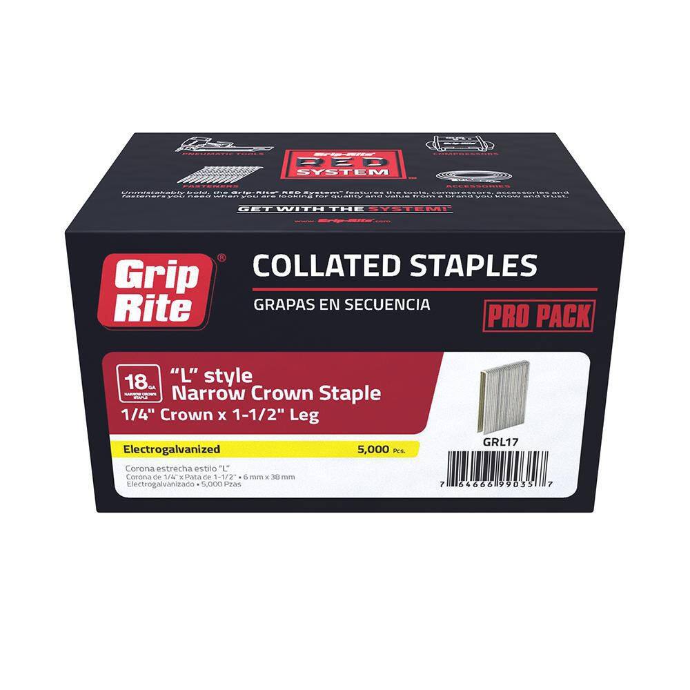 Grip-Rite 1-12 in. x 14 in. 18-Gauge Electrogalvanized L Style Narrow Crown Staples (5000- Per Box) GRL17